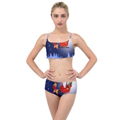 Deer Santa Claus Flying Trees Moon Night Merry Christmas Layered Top Bikini Set by anzea