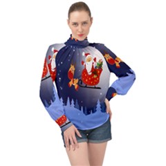 Deer Santa Claus Flying Trees Moon Night Merry Christmas High Neck Long Sleeve Chiffon Top by anzea