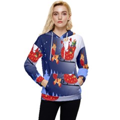 Deer Santa Claus Flying Trees Moon Night Merry Christmas Women s Lightweight Drawstring Hoodie