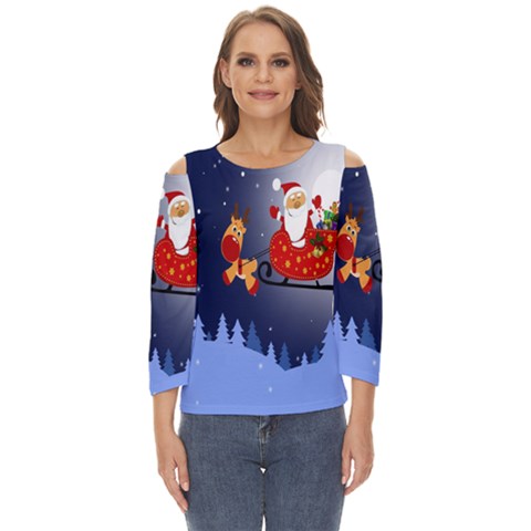 Deer Santa Claus Flying Trees Moon Night Merry Christmas Cut Out Wide Sleeve Top by anzea