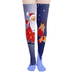 Deer Santa Claus Flying Trees Moon Night Merry Christmas Thigh High Stockings by anzea