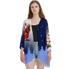 Deer Santa Claus Flying Trees Moon Night Merry Christmas Open Front 3/4 Sleeve Batwing Chiffon Cardigan Kimono