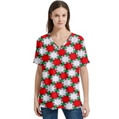 Christmas Star Red Green V-neck Split Shoulder Casual T-shirt by anzea