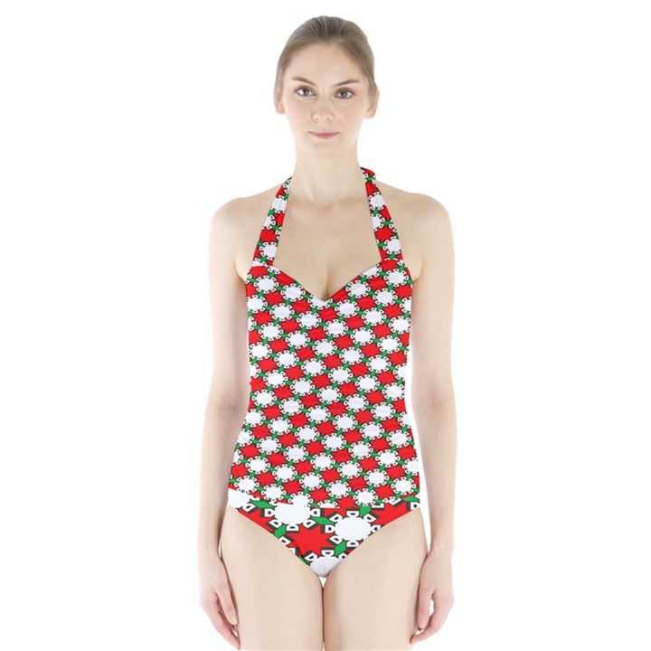 Christmas Star Red Green Halter Swimsuit