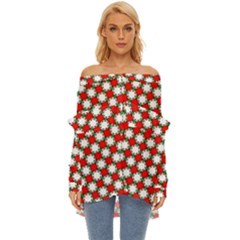 Christmas Star Red Green Off Shoulder Chiffon Pocket Shirt