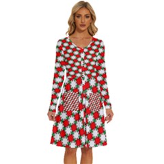 Christmas Star Red Green Long Sleeve Dress With Pocket