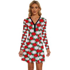 Christmas Star Red Green Long Sleeve Deep V Mini Dress 