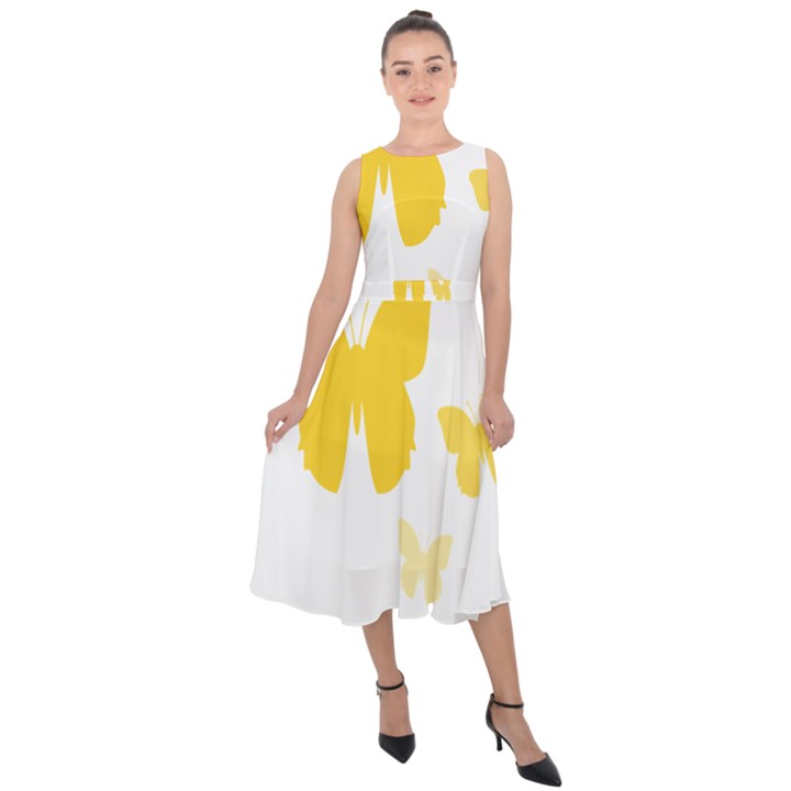 Yellow Butterfly Animals Fly Midi Tie-Back Chiffon Dress