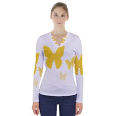 Yellow Butterfly Animals Fly V-neck Long Sleeve Top by anzea