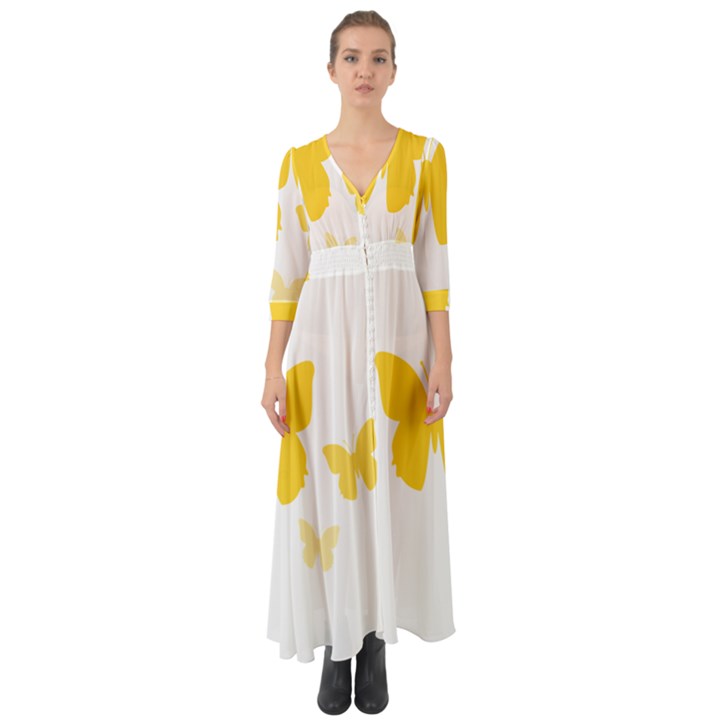 Yellow Butterfly Animals Fly Button Up Boho Maxi Dress