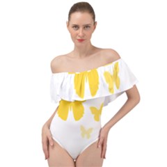 Yellow Butterfly Animals Fly Off Shoulder Velour Bodysuit  by anzea