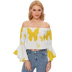 Yellow Butterfly Animals Fly Off Shoulder Flutter Bell Sleeve Top