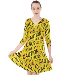 Caution Road Sign Cross Yellow Quarter Sleeve Front Wrap Dress