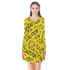 Caution Road Sign Cross Yellow Long Sleeve V-neck Flare Dress