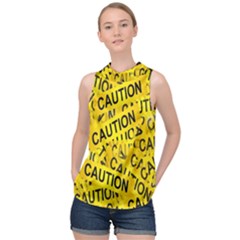 Caution Road Sign Cross Yellow High Neck Satin Top