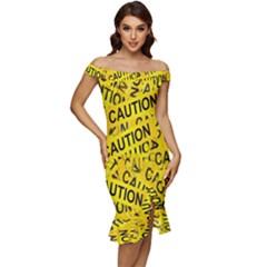 Caution Road Sign Cross Yellow Off Shoulder Ruffle Split Hem Bodycon Dress