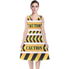 Caution Road Sign Warning Cross Danger Yellow Chevron Line Black V-neck Midi Sleeveless Dress 