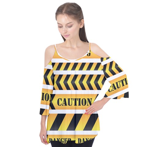 Caution Road Sign Warning Cross Danger Yellow Chevron Line Black Flutter Sleeve T-shirt by anzea