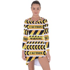 Caution Road Sign Warning Cross Danger Yellow Chevron Line Black Asymmetric Cut-out Shift Dress