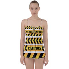 Caution Road Sign Warning Cross Danger Yellow Chevron Line Black Babydoll Tankini Set