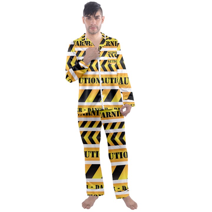 Caution Road Sign Warning Cross Danger Yellow Chevron Line Black Men s Long Sleeve Satin Pajamas Set