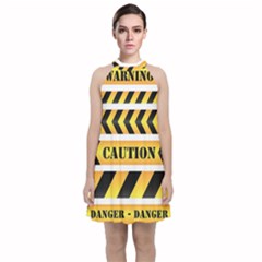 Caution Road Sign Warning Cross Danger Yellow Chevron Line Black Velvet Halter Neckline Dress 