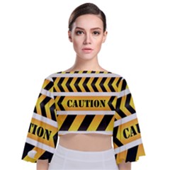 Caution Road Sign Warning Cross Danger Yellow Chevron Line Black Tie Back Butterfly Sleeve Chiffon Top by anzea