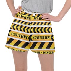 Caution Road Sign Warning Cross Danger Yellow Chevron Line Black Women s Ripstop Shorts by anzea