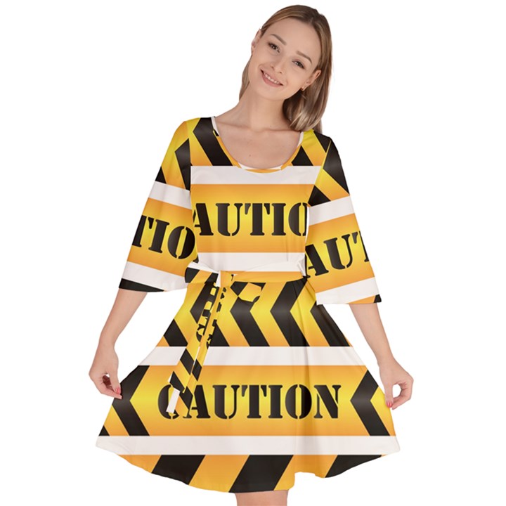 Caution Road Sign Warning Cross Danger Yellow Chevron Line Black Velour Kimono Dress