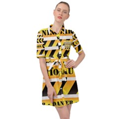 Caution Road Sign Warning Cross Danger Yellow Chevron Line Black Belted Shirt Dress