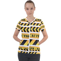 Caution Road Sign Warning Cross Danger Yellow Chevron Line Black Short Sleeve Zip Up Jacket