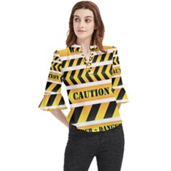 Caution Road Sign Warning Cross Danger Yellow Chevron Line Black Loose Horn Sleeve Chiffon Blouse