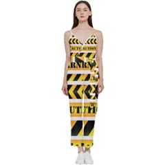 Caution Road Sign Warning Cross Danger Yellow Chevron Line Black V-neck Camisole Jumpsuit by anzea