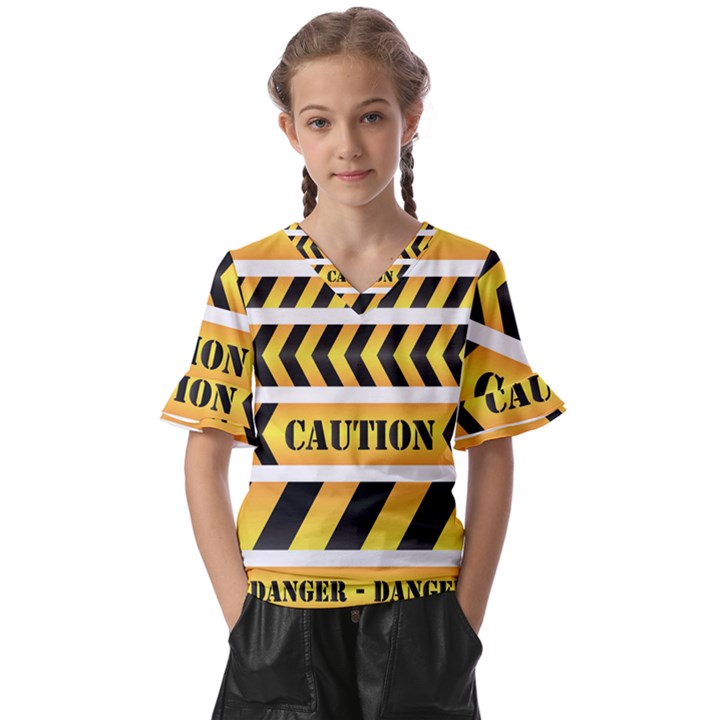 Caution Road Sign Warning Cross Danger Yellow Chevron Line Black Kids  V-Neck Horn Sleeve Blouse