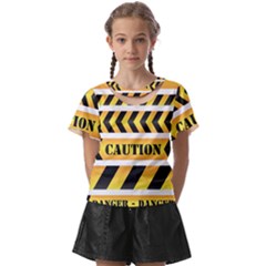 Caution Road Sign Warning Cross Danger Yellow Chevron Line Black Kids  Front Cut T-shirt