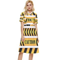 Caution Road Sign Warning Cross Danger Yellow Chevron Line Black Button Top Knee Length Dress by anzea