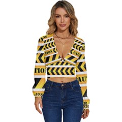 Caution Road Sign Warning Cross Danger Yellow Chevron Line Black Long Sleeve Deep-v Velour Top