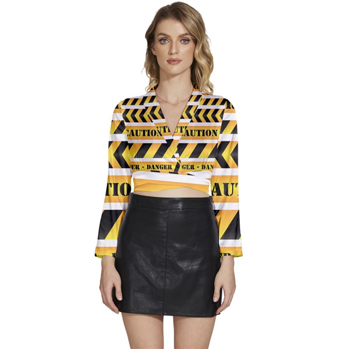 Caution Road Sign Warning Cross Danger Yellow Chevron Line Black Long Sleeve Tie Back Satin Wrap Top