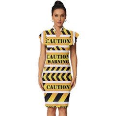 Caution Road Sign Warning Cross Danger Yellow Chevron Line Black Vintage Frill Sleeve V-neck Bodycon Dress by anzea