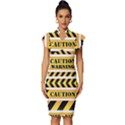 Caution Road Sign Warning Cross Danger Yellow Chevron Line Black Vintage Frill Sleeve V-Neck Bodycon Dress View1