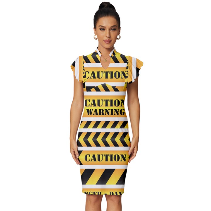 Caution Road Sign Warning Cross Danger Yellow Chevron Line Black Vintage Frill Sleeve V-Neck Bodycon Dress