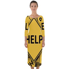 Caution Road Sign Help Cross Yellow Quarter Sleeve Midi Bodycon Dress