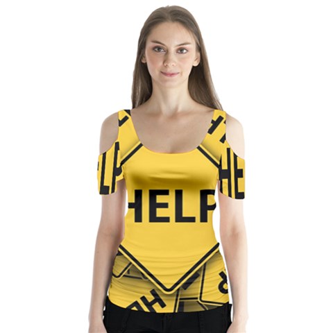 Caution Road Sign Help Cross Yellow Butterfly Sleeve Cutout T-shirt  by anzea