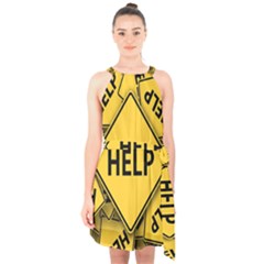 Caution Road Sign Help Cross Yellow Halter Collar Waist Tie Chiffon Dress