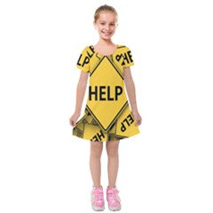 Caution Road Sign Help Cross Yellow Kids  Short Sleeve Velvet Dress