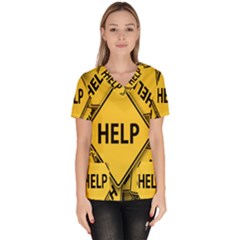 Caution Road Sign Help Cross Yellow Women s V-neck Scrub Top