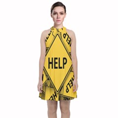 Caution Road Sign Help Cross Yellow Velvet Halter Neckline Dress 