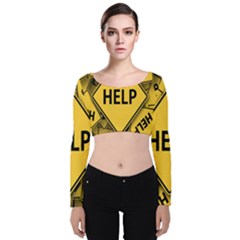 Caution Road Sign Help Cross Yellow Velvet Long Sleeve Crop Top by anzea