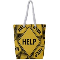 Caution Road Sign Help Cross Yellow Full Print Rope Handle Tote (small)