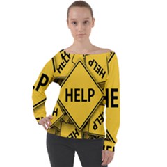 Caution Road Sign Help Cross Yellow Off Shoulder Long Sleeve Velour Top